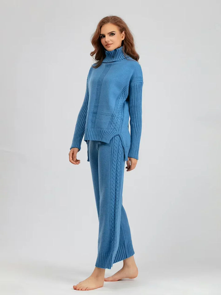 Peyton - Chic High-Neck Knit Sweater & Loose Pants Set
