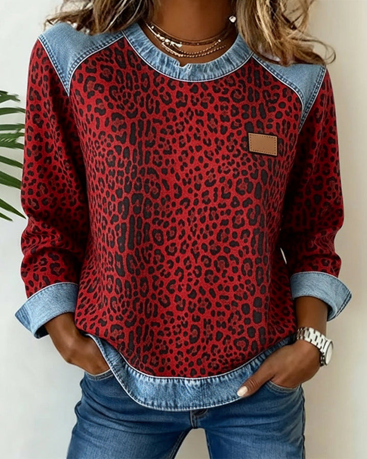 Mira - Sweatshirt Leopard Print Denim Patchwork
