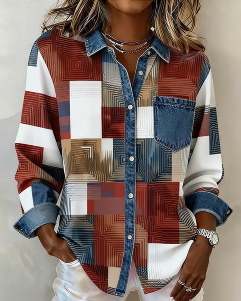 Vanessa - Color Block Shirt Fashionable Collar