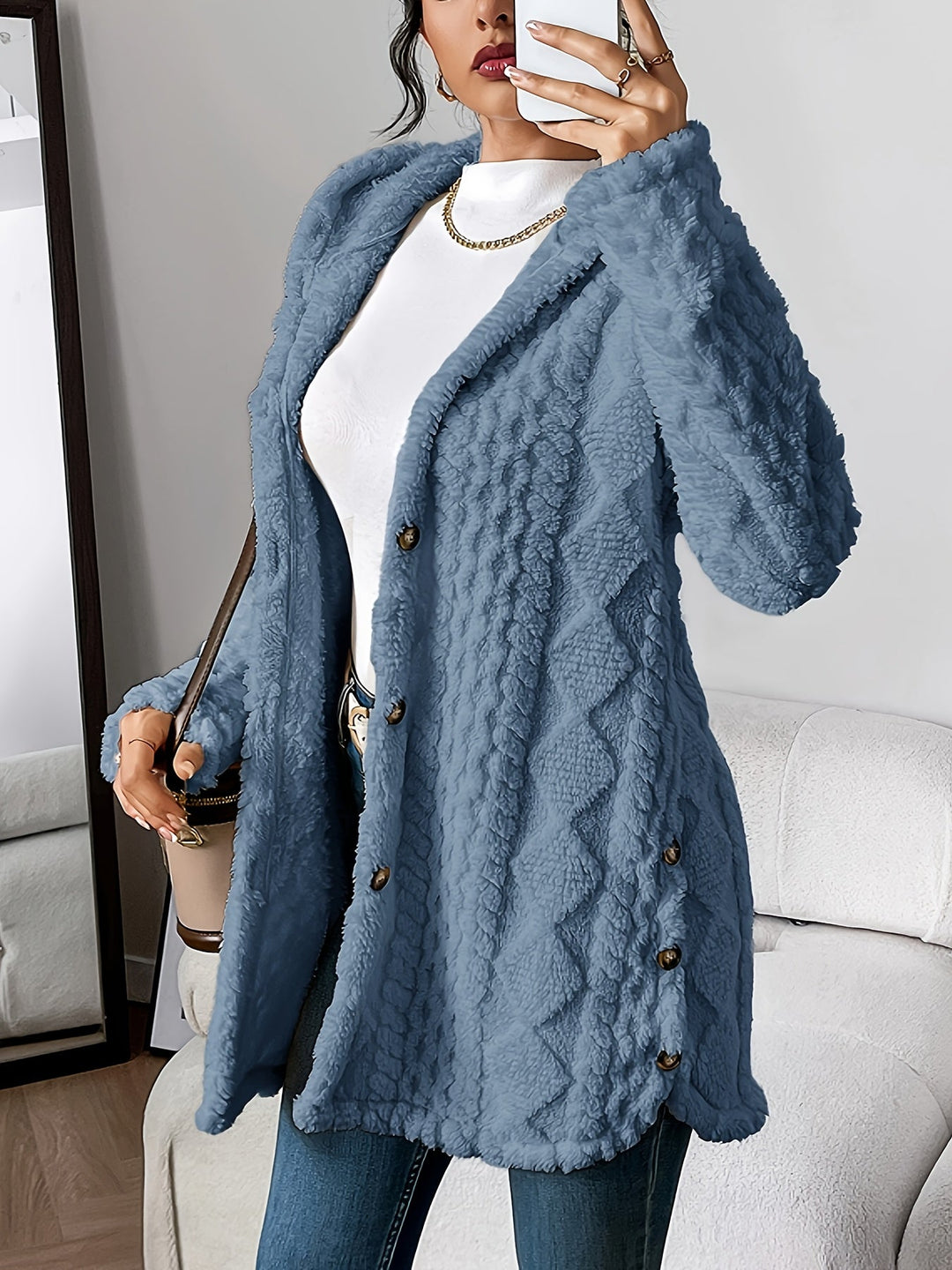 Violet - Plush Diamond-Patterned Hooded Cardigan