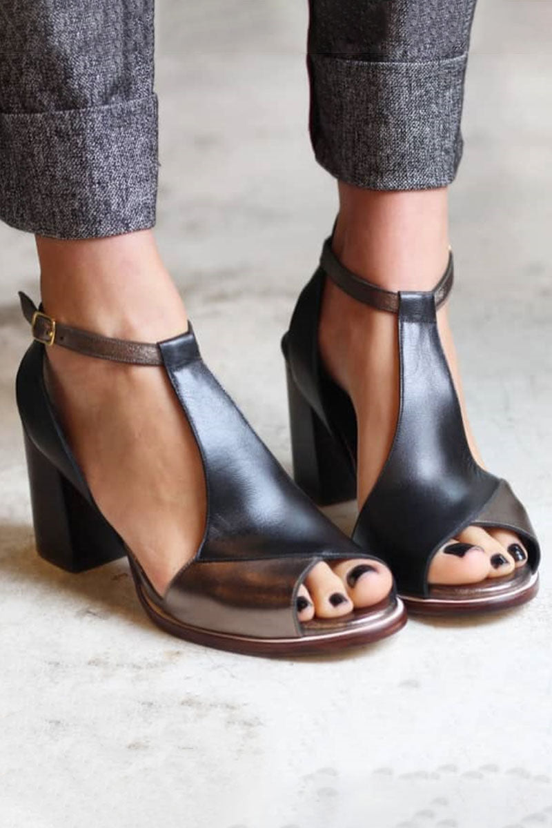 Tessa - Black patchwork peep toe heeled sandals