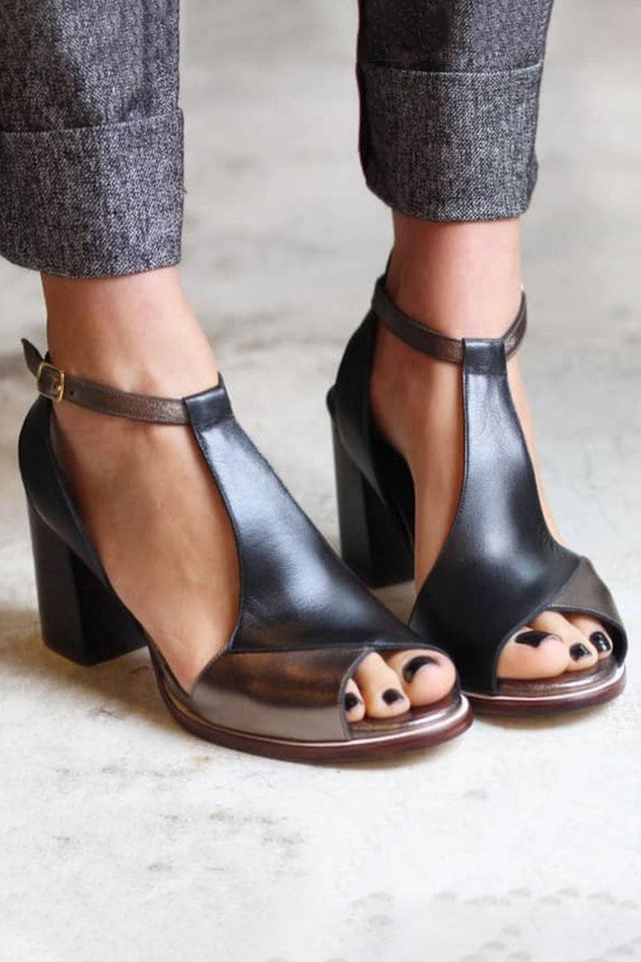 Tessa - Black patchwork peep toe heeled sandals