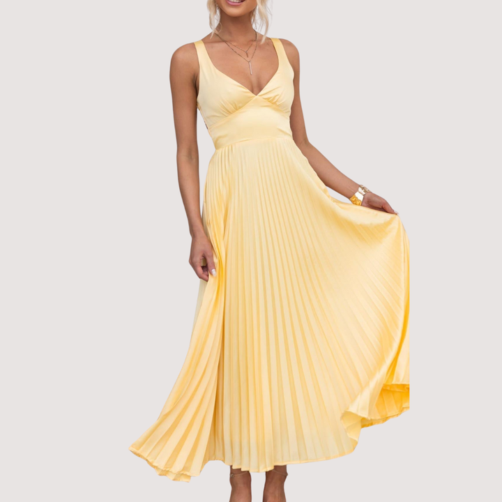 Aby - Yellow Pleated Maxi Dress with V-Neck