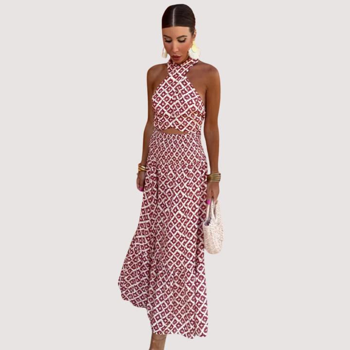 Mickay - Elegant Draped Midi Dress with Off-the-Shoulder Design