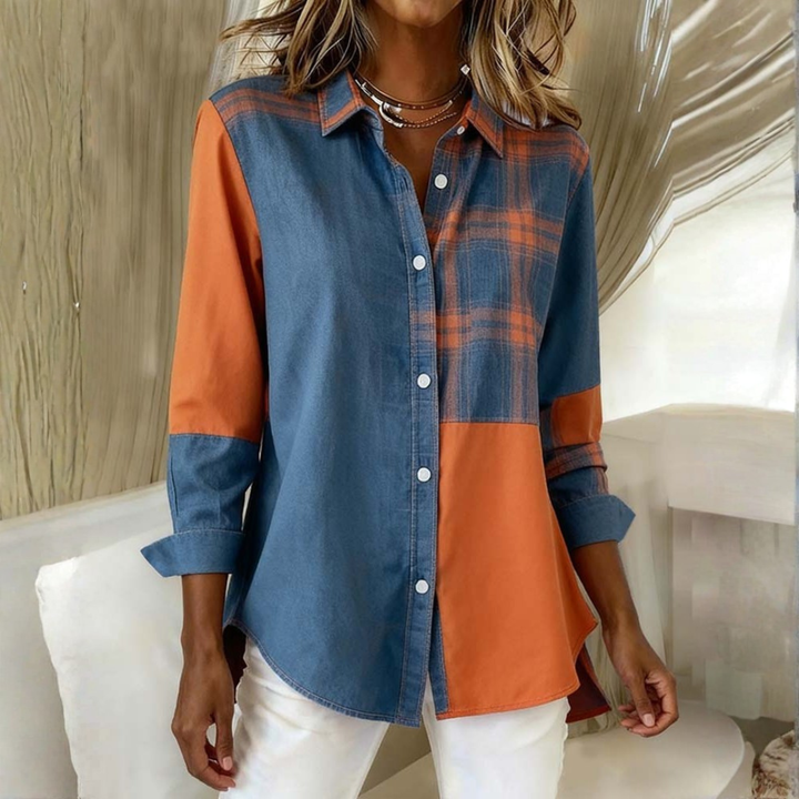 Adriana - Shirt with Notched Collar and Checked Contrast Design