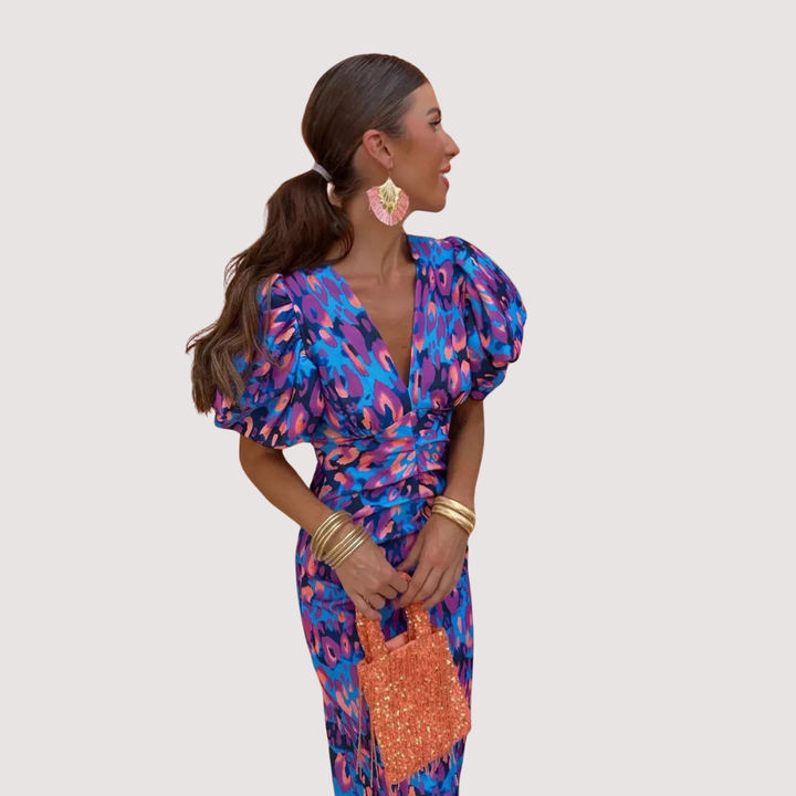 Arielle - Colorful Midi Dress with Pleated Sleeves