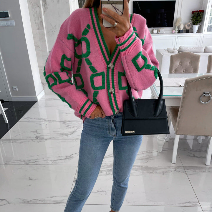 Adrienne - V-Neck Casual Color Contrast Knit Cardigan