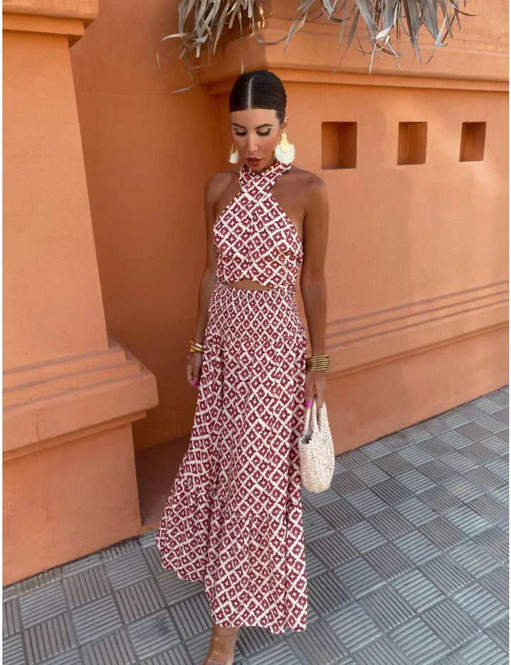 Mickay - Elegant Draped Midi Dress with Off-the-Shoulder Design
