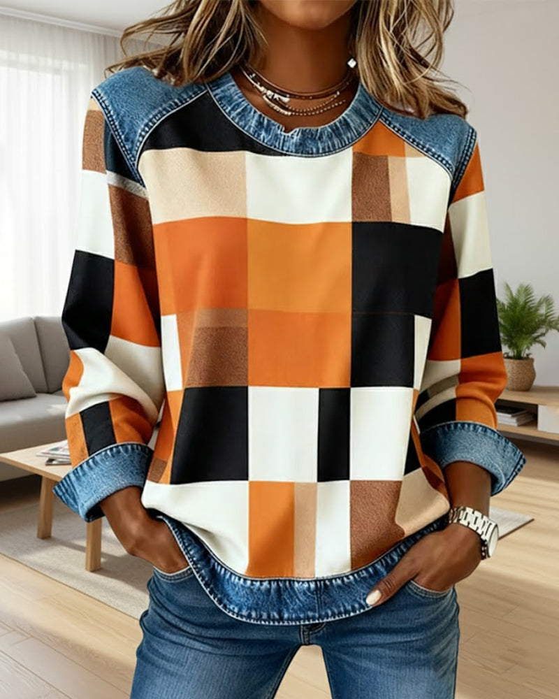 Quinn - Sweatshirt with Check Patchwork and Contrast Color