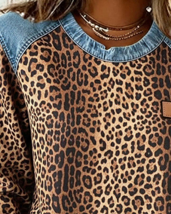 Mira - Sweatshirt Leopard Print Denim Patchwork