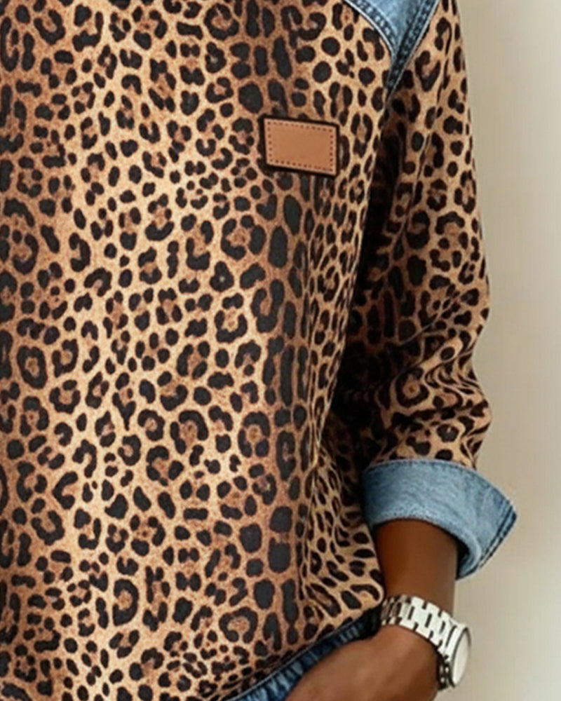 Mira - Sweatshirt Leopard Print Denim Patchwork