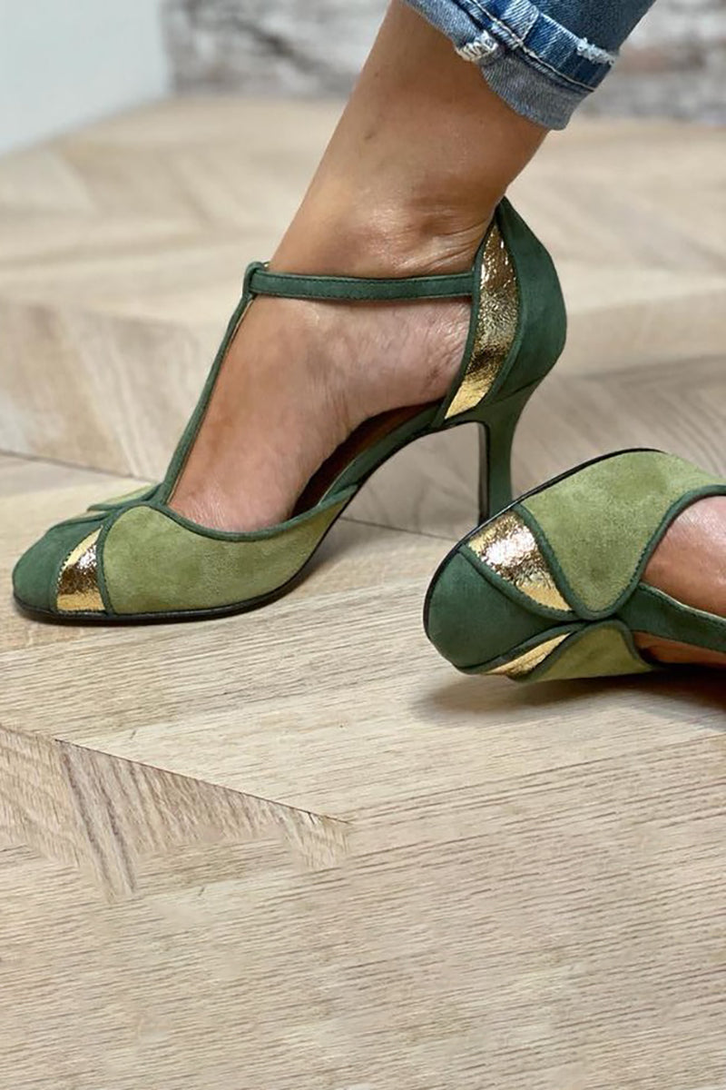 Maisie - Patchwork Heels with T-Strap and Closed Toe