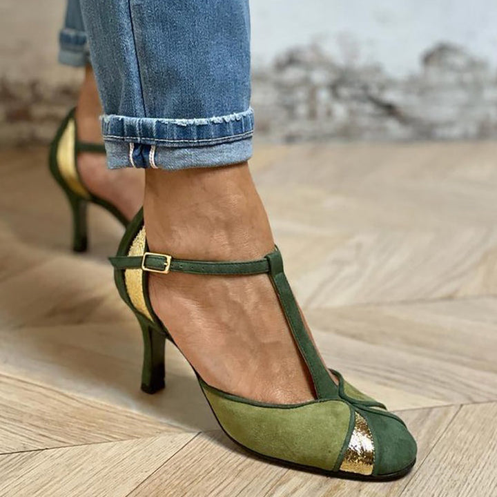 Maisie - Patchwork Heels with T-Strap and Closed Toe