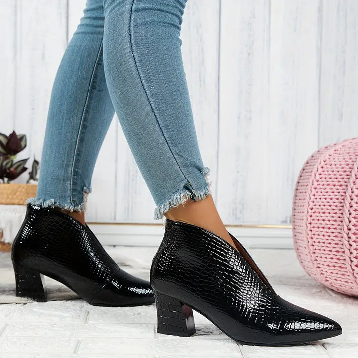 Yvette - Women's Textured Ankle Boots with Curved Cut and Mid Block Heel
