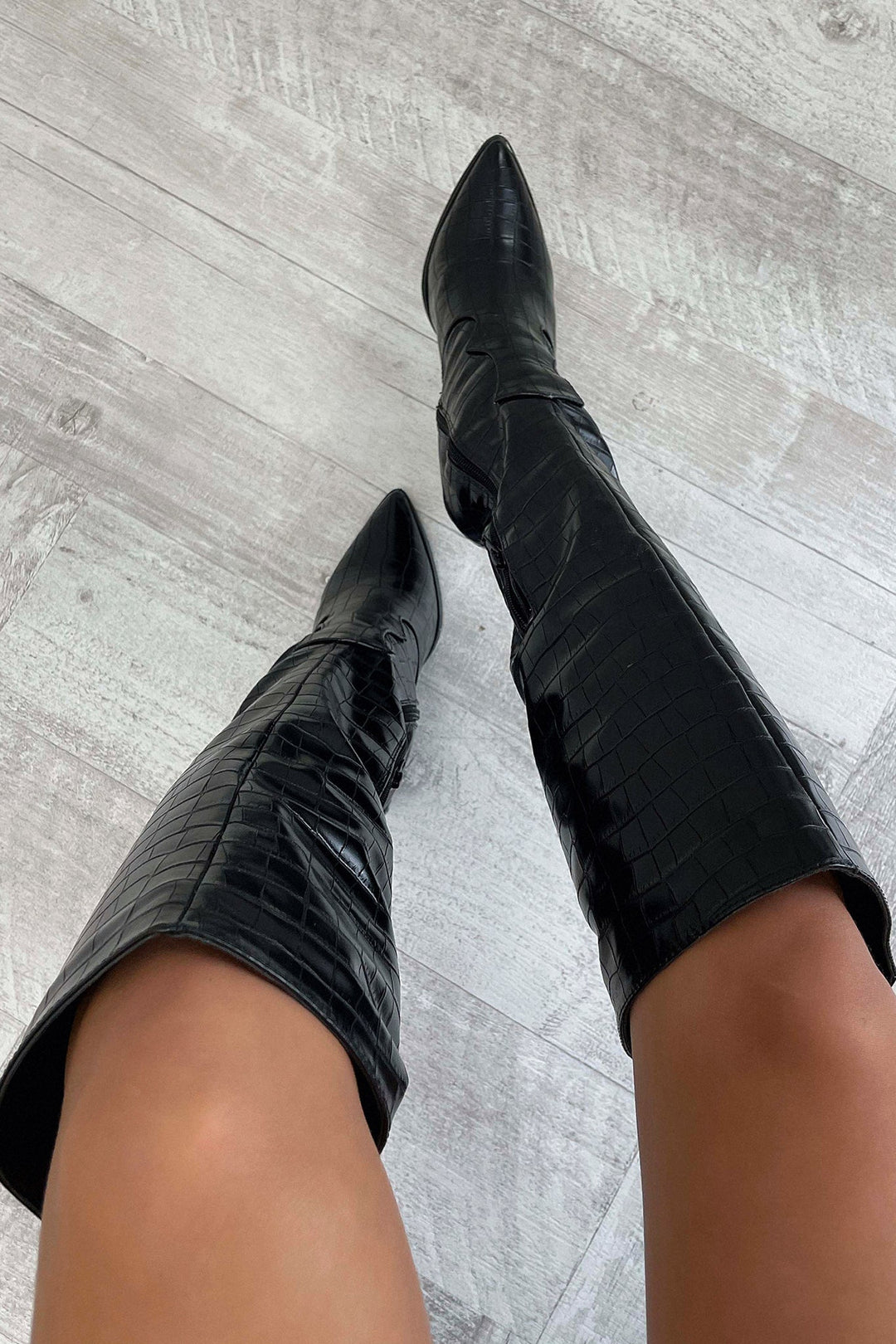 Rafaela - Black Croc Knee-High Boots