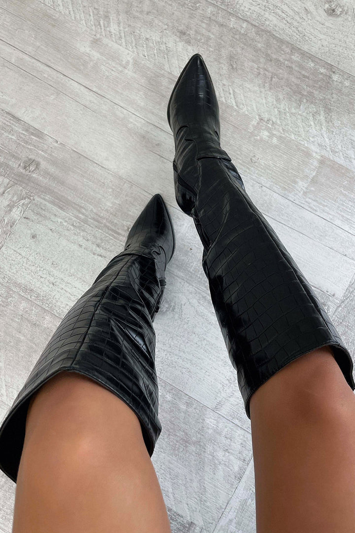 Rafaela - Black Croc Knee-High Boots