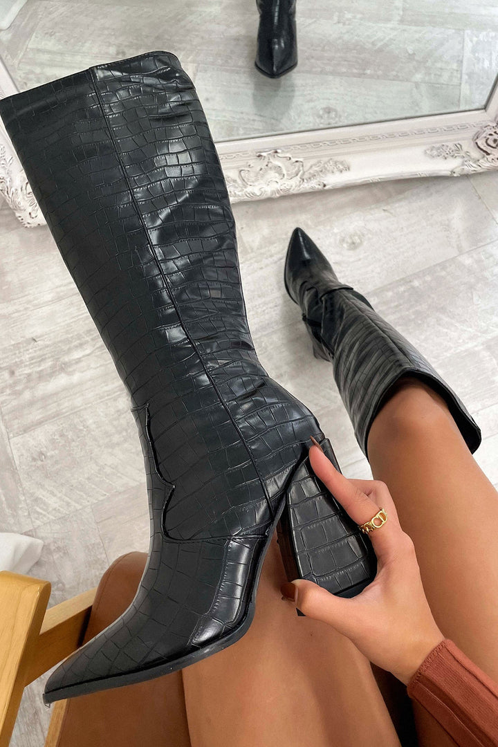 Annabelle - Black Croc Knee-High Boots