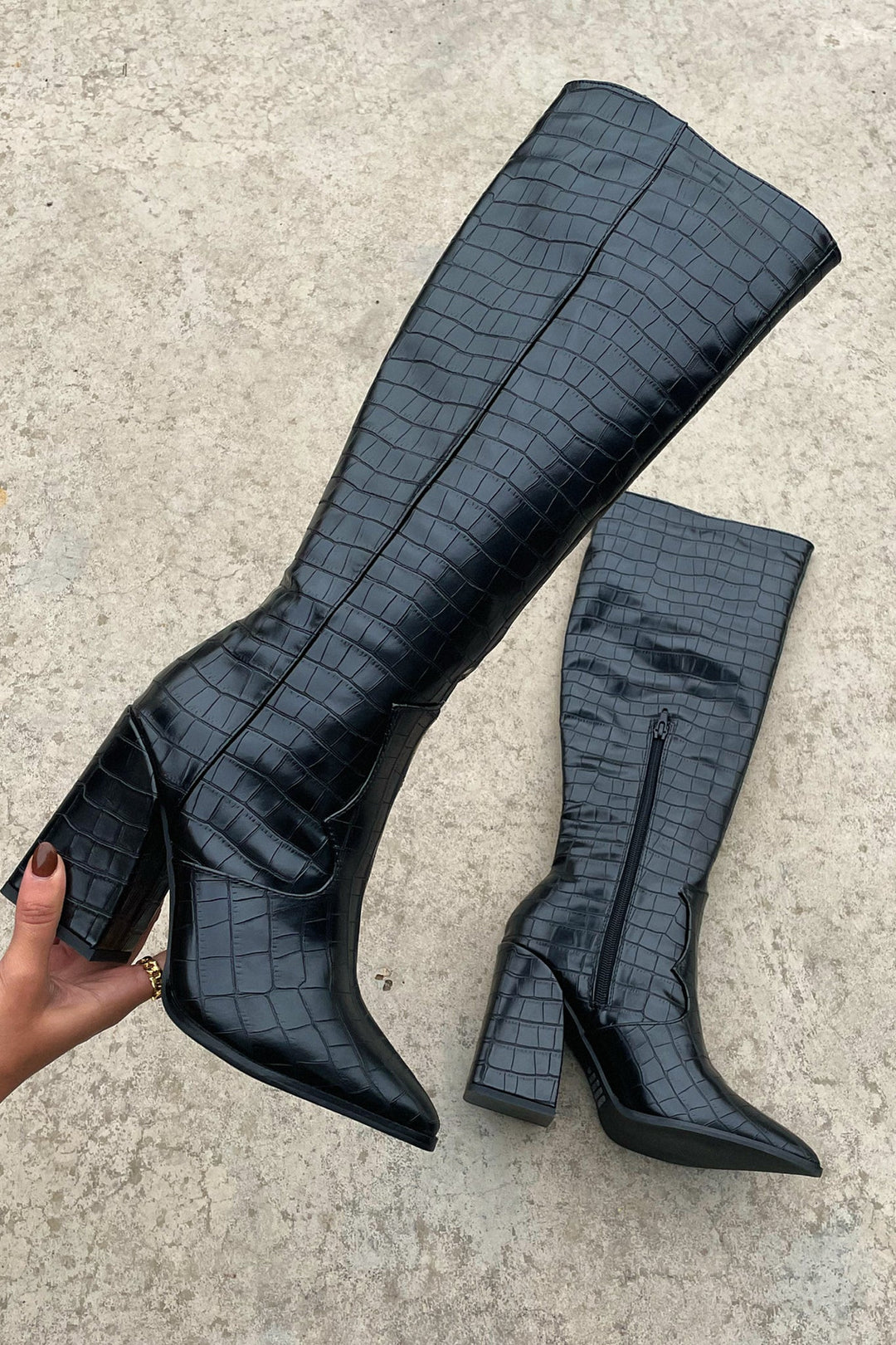 Annabelle - Black Croc Knee-High Boots
