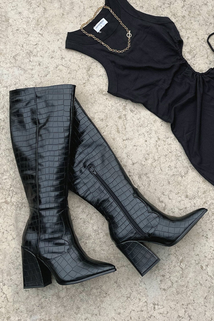 Rafaela - Black Croc Knee-High Boots
