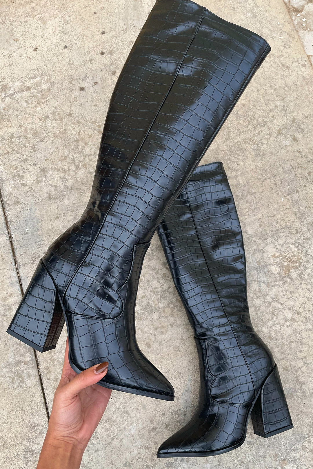 Annabelle - Black Croc Knee-High Boots