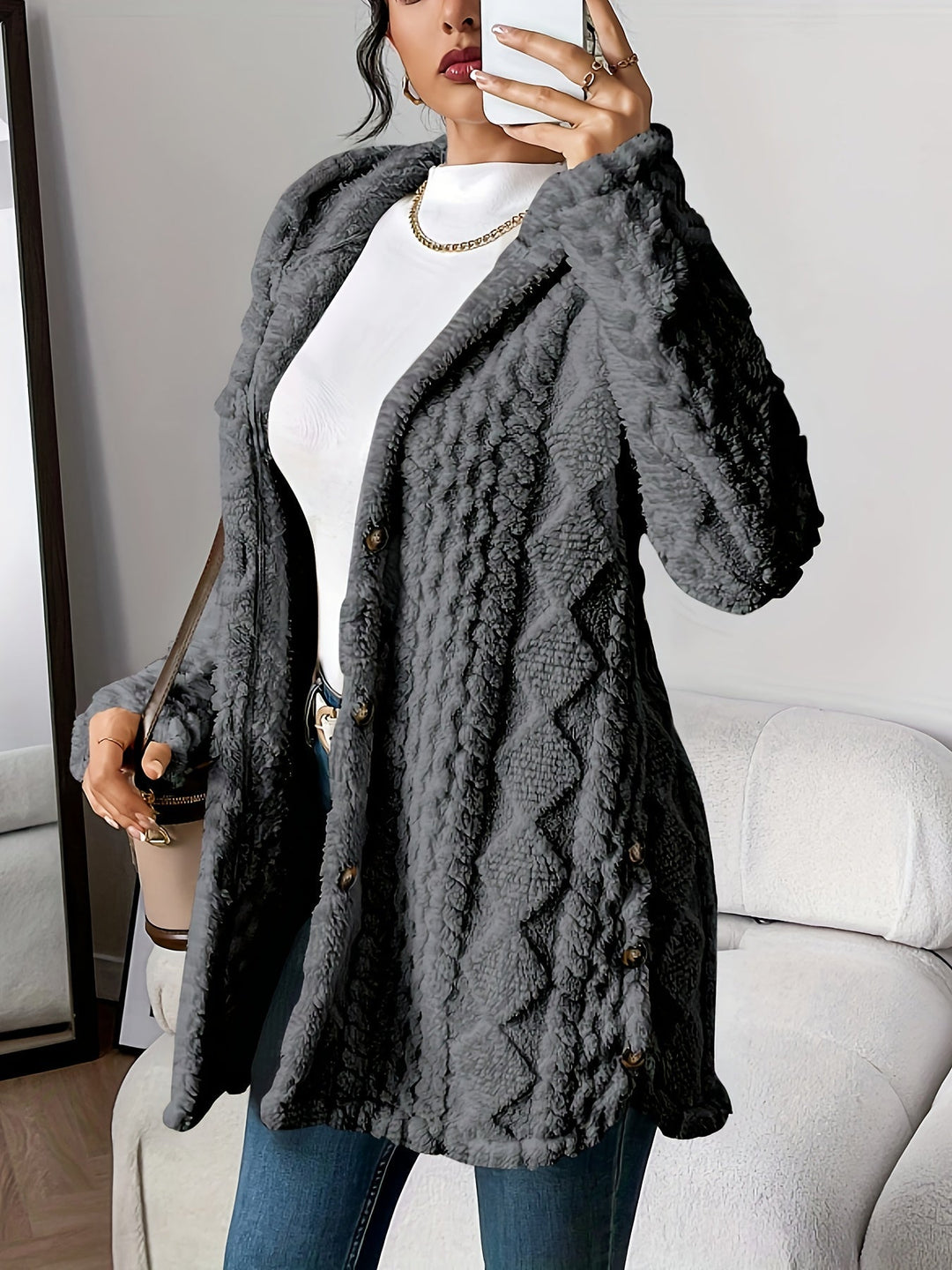 Violet - Plush Diamond-Patterned Hooded Cardigan