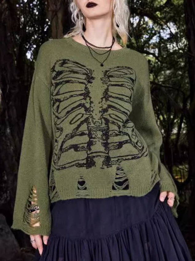 Arlette - Halloween Skeleton Dark Style Ripped Long Sleeve Sweater
