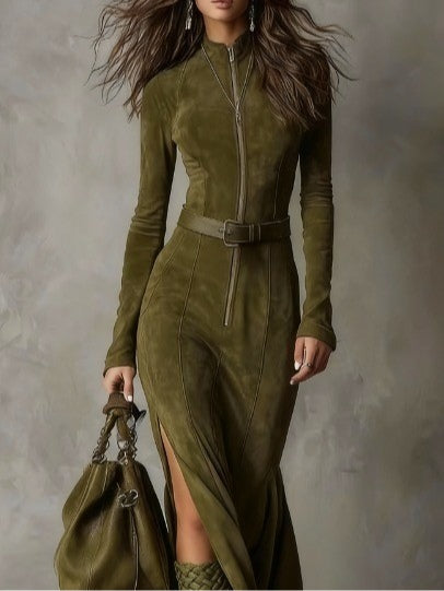 Nola - Belted Suede Zip Dress