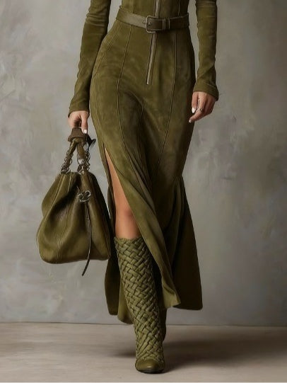 Nola - Belted Suede Zip Dress