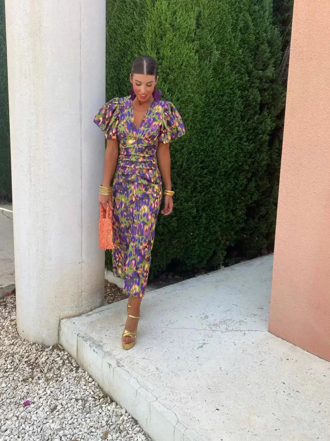 Arielle - Colorful Midi Dress with Pleated Sleeves